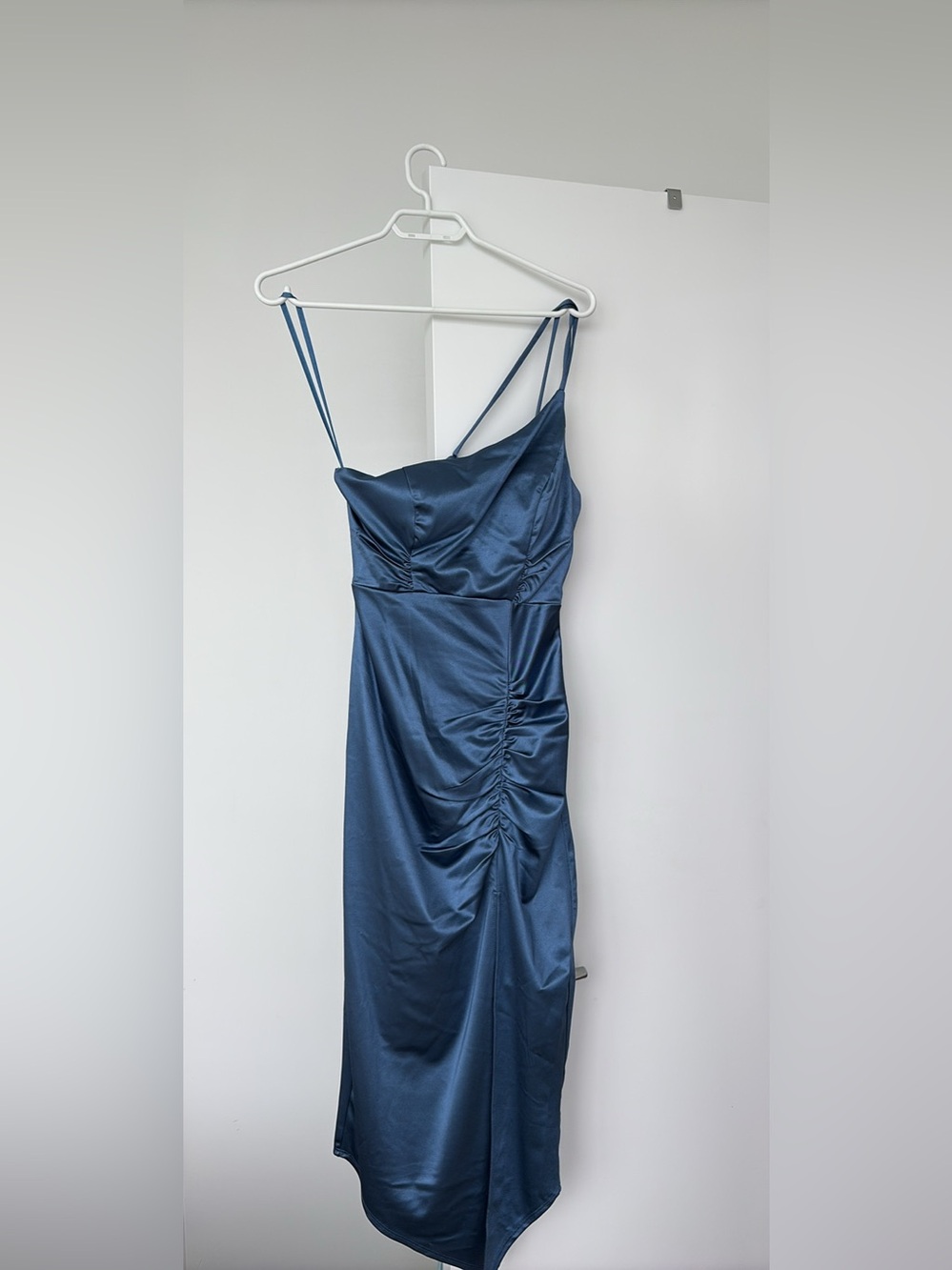le chateau One-Shoulder Navy Satin Ruched Slip Dress
